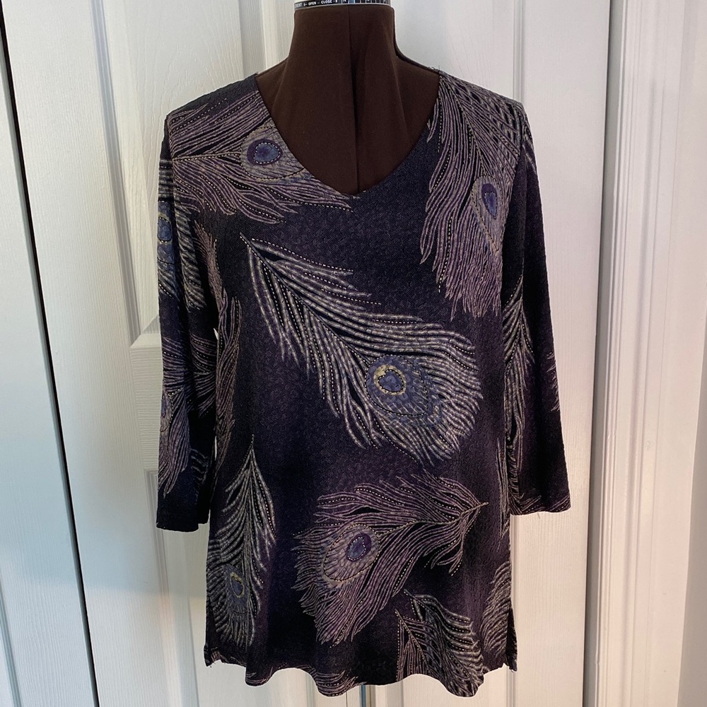 2 for $25 - JM Collection Tunic, Elegant Purple Peacock Feather Print, 1X Plus